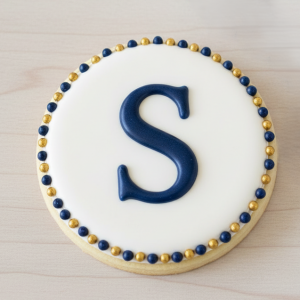 Custom monogram sugar cookie featuring a navy blue "S" with a navy and gold royal icing beaded border.