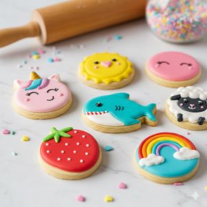 Custom mini sugar cookies featuring a unicorn, shark, rainbow, sun, and sheep with colorful royal icing.